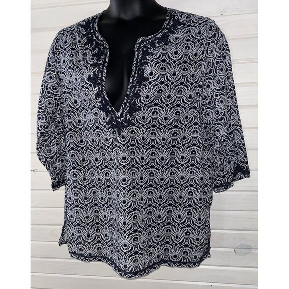 Anne Carson Sz PLUS 1X Tunic Blouse Boho Navy Blue Cotton 3/4 Sleeve Geo VGUC - Picture 2 of 12